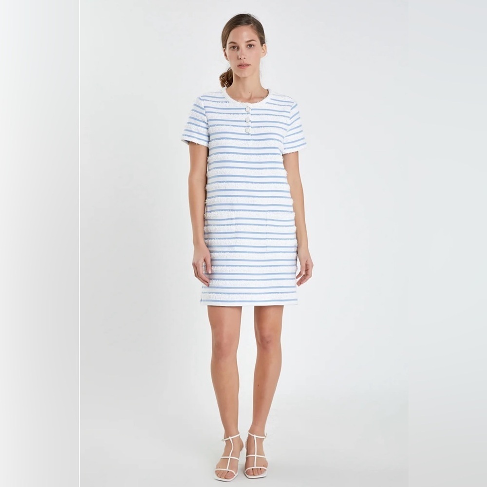English Factory Fringed Striped Polo Mini Dress Size Large Retail $120 White